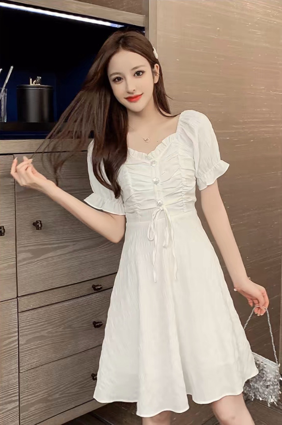 [HCM]ĐẦM RÚT NGỰC 3 CÚC- MIN DRESS T186