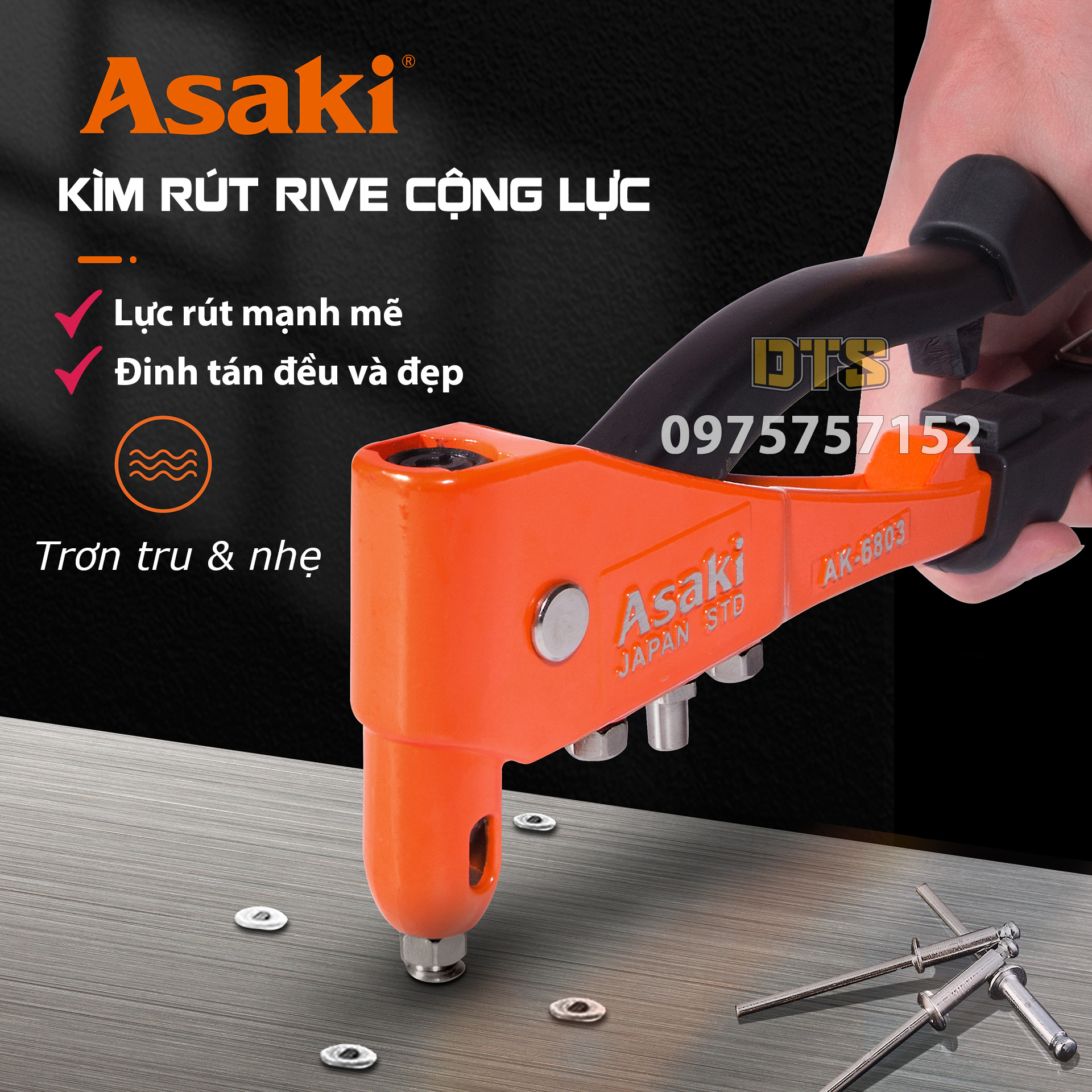 Kìm rút đinh tán cộng lực lực hãng Asaki JAPAN AK-6803 10.5" 265mm - Kềm rút rive đinh rút nhôm, inox 2.4-4.8mm có tay cầm dài, kìm bấm rive đinh tán, kìm rút rive trợ lực htao tác nhanh, lực rút mạnh, kìm rút ốc tán, kìm rút tán đinh