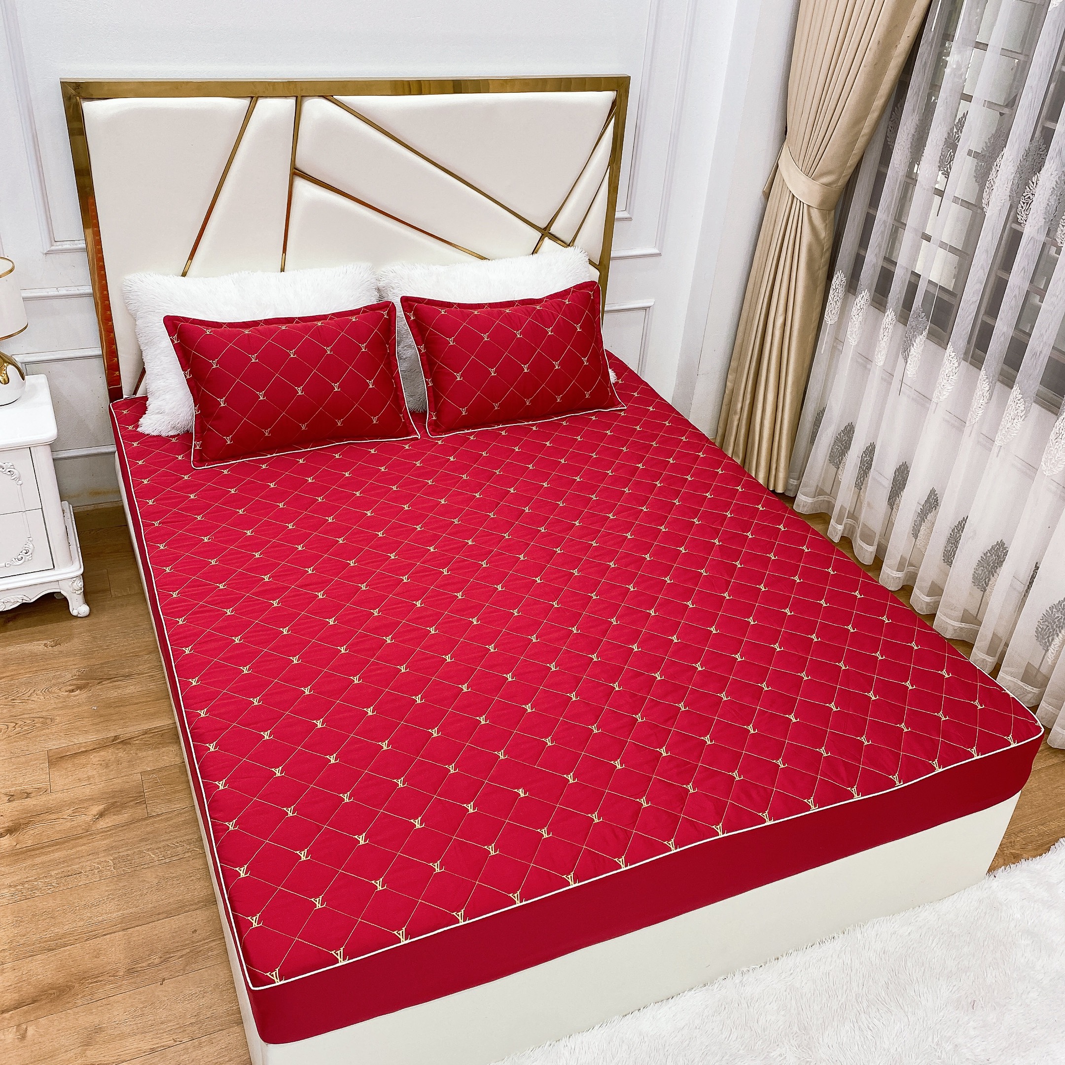 Bộ ga gối, drap chun trần bông 3 món phi lụa cao cấp ( dùng cho đệm 10cm )