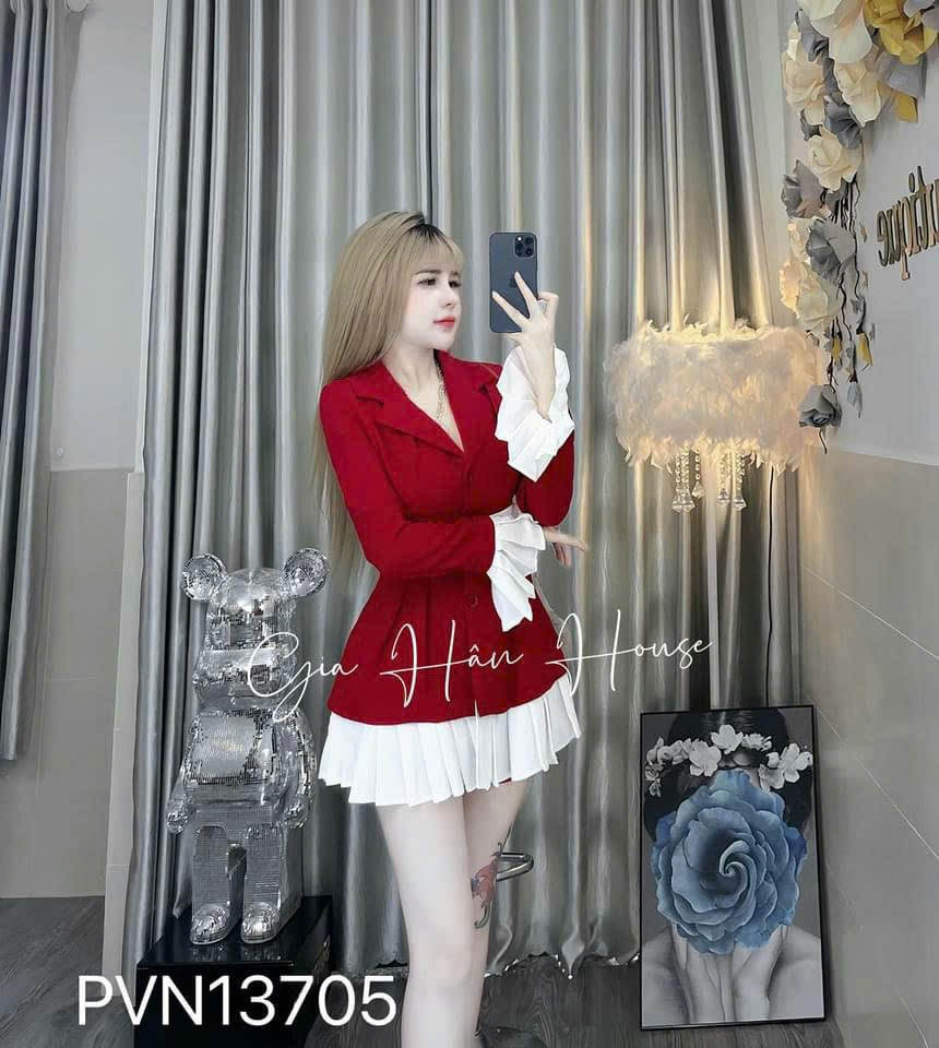 Set đầm vest cổ V tay dài loe xếp ly kèm quần short nữ, set đi tiệc, mặc tết hai màu đen và đỏ cao cấp