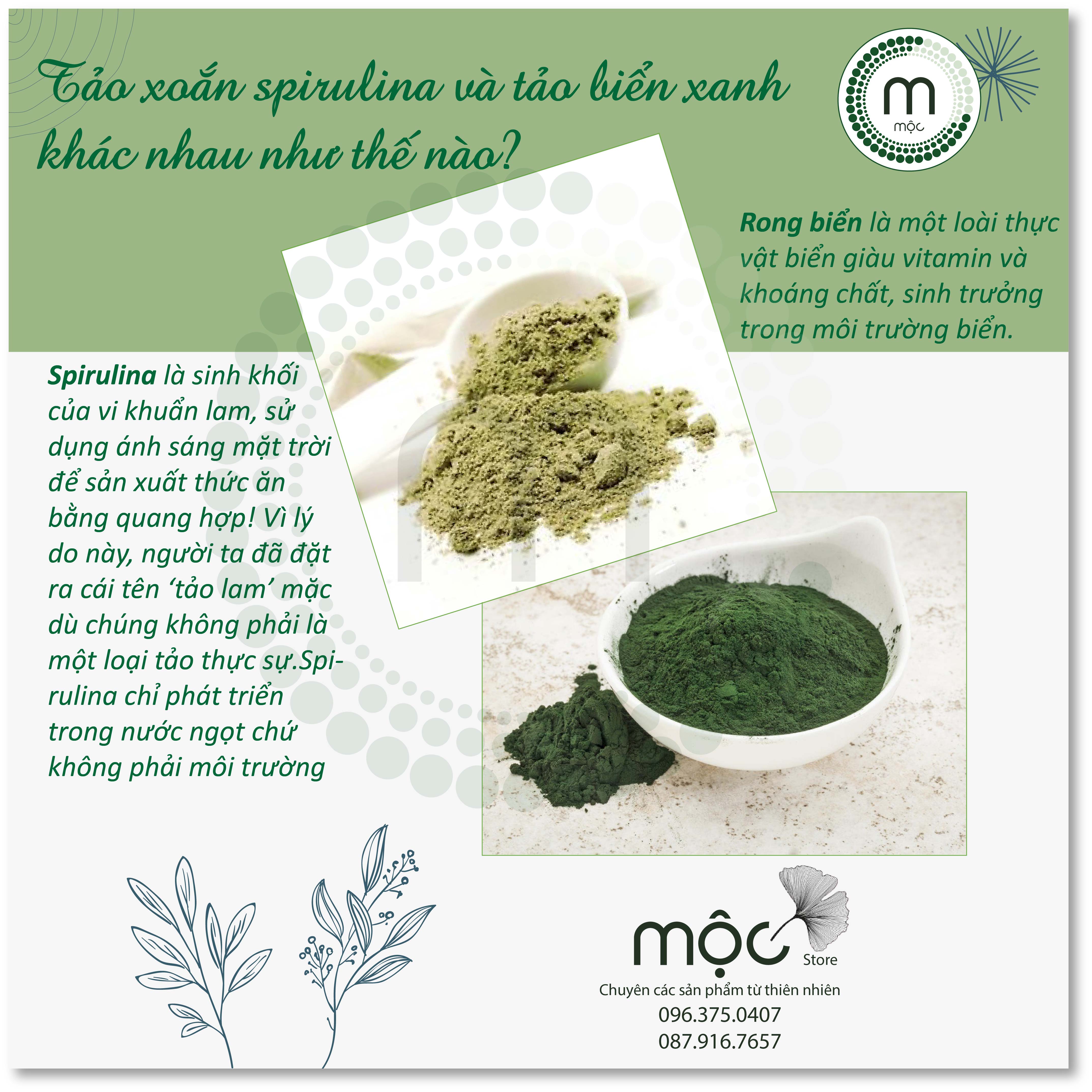 Bột mặt nạ Tảo Xoắn Spirulina Nhật bản MỘC nguyên chất dưỡng ẩm trắng da ngăn ngừa mụn làm mờ nếp nhăn túi 10g, 30g và chai 100ml (70g)