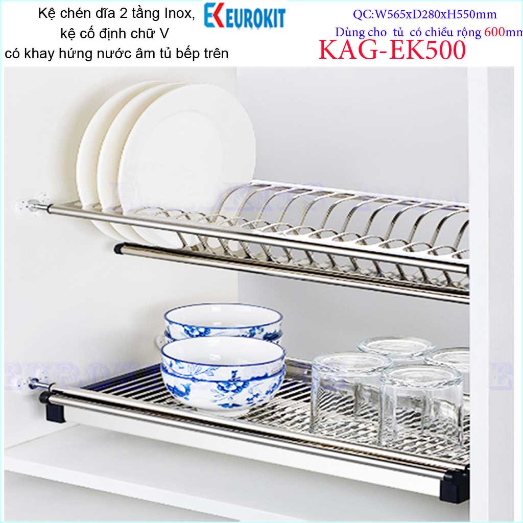 [HCM]Kệ  chén dĩa âm tủ chữ V KAG-EK500- 56.5cm Kệ chén bát 2 tầng Eurokit âm tủ inox bóng cao cấp có khay hứng nước