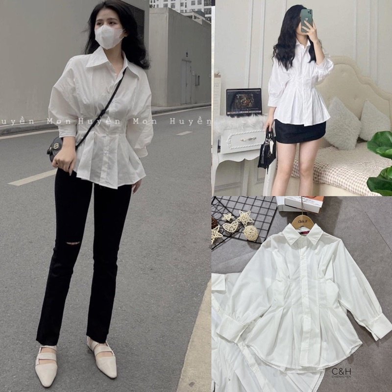 áo sơ mi nữ trắng công sở nhúm eo dáng xòe cá tính