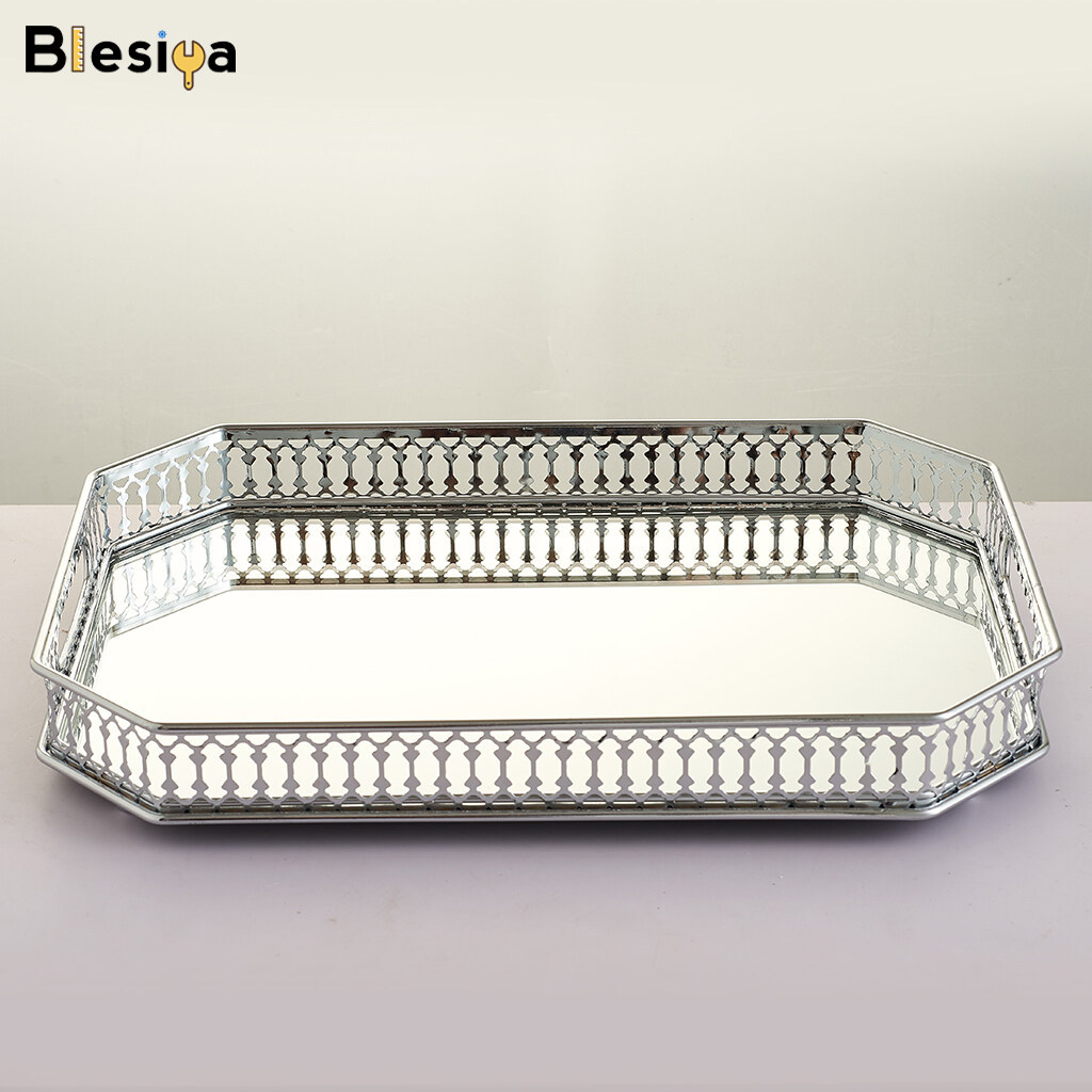 Blesiya Rectangular Silver Mirror Table Centrepiece Serving Tray Decorative Plate