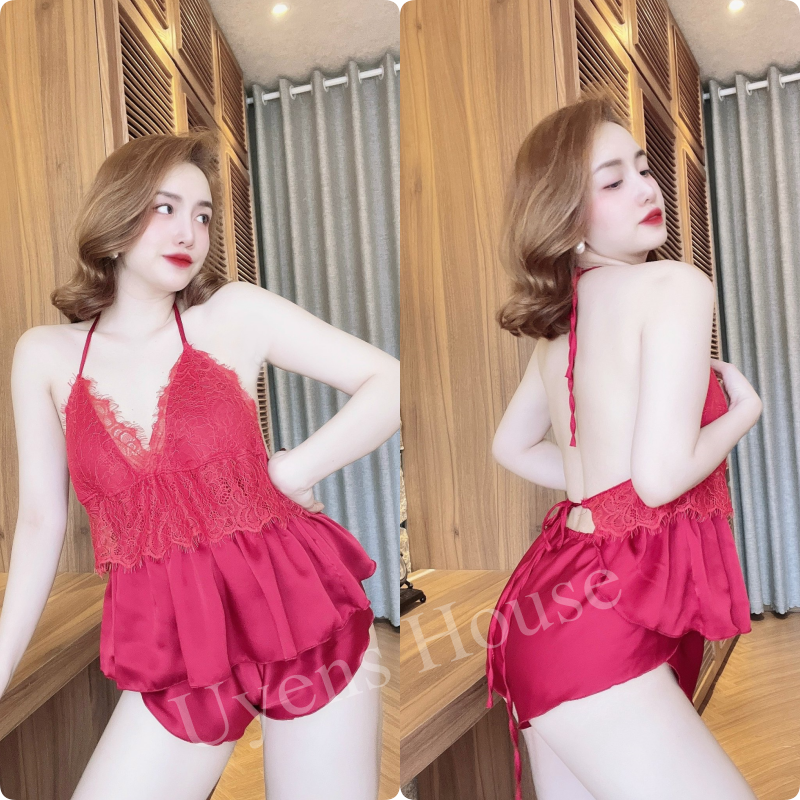 [SIZE 40-65KG] Set yếm ngủ có mút ngực chất satin mềm mịn