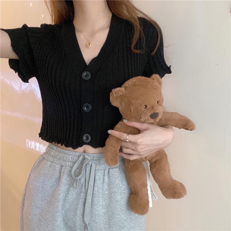 Áo Crotop Thun Gân Tay Ngắn Cổ V Nút Bự  Hot Trend Phong Cách Jennie Blackpink TTSLA0275