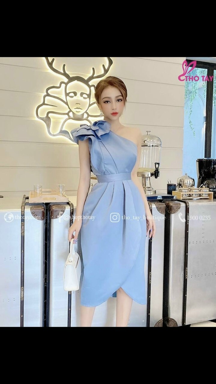 [HCM]ĐẦM LỆCH VAI XẾP NƠ EO XẾP LY SANG CHẢNH