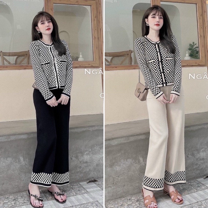 Set bộ len kẻ ô quần ống sớ QCL1