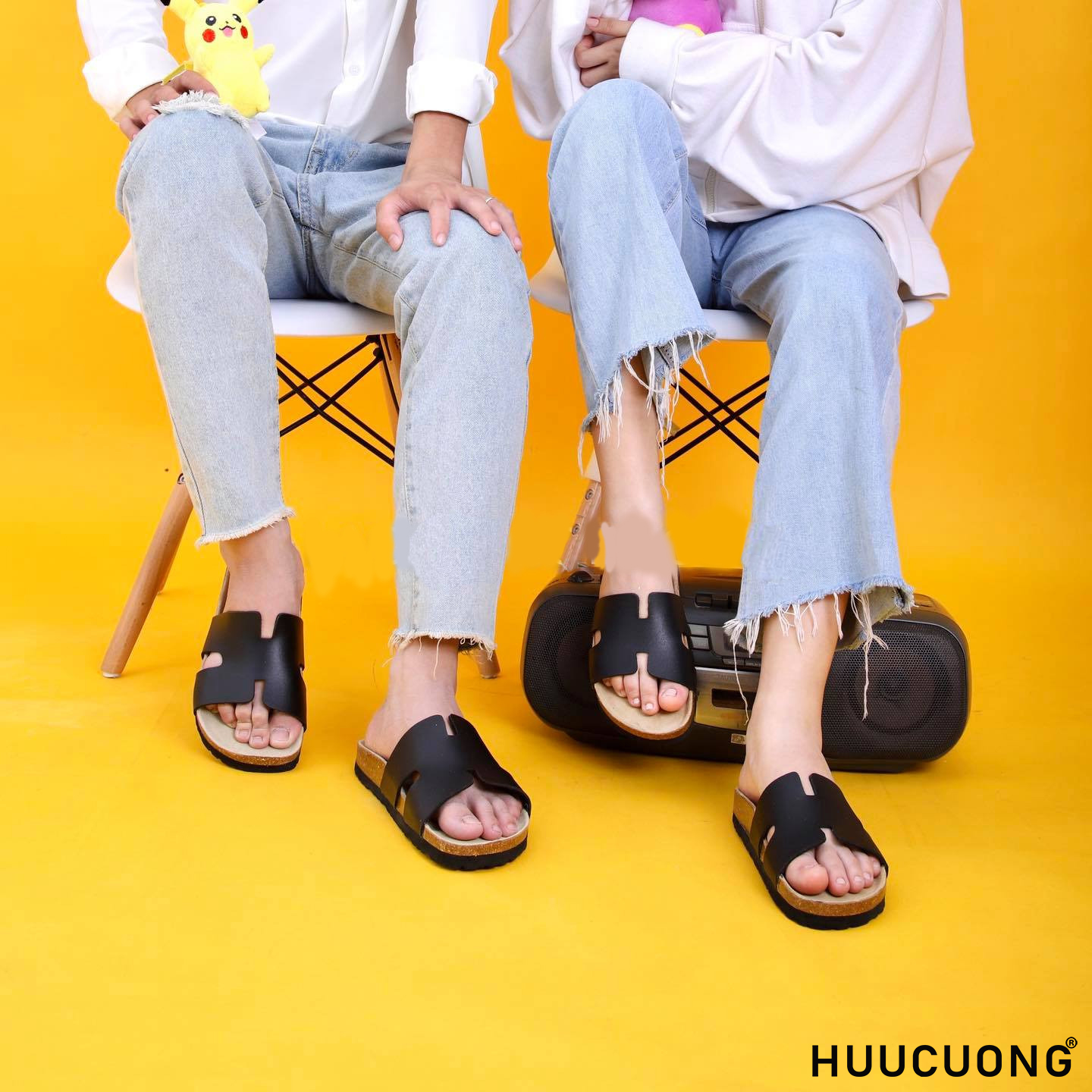 Dép đế trấu unisex kiểu  H da pu đen