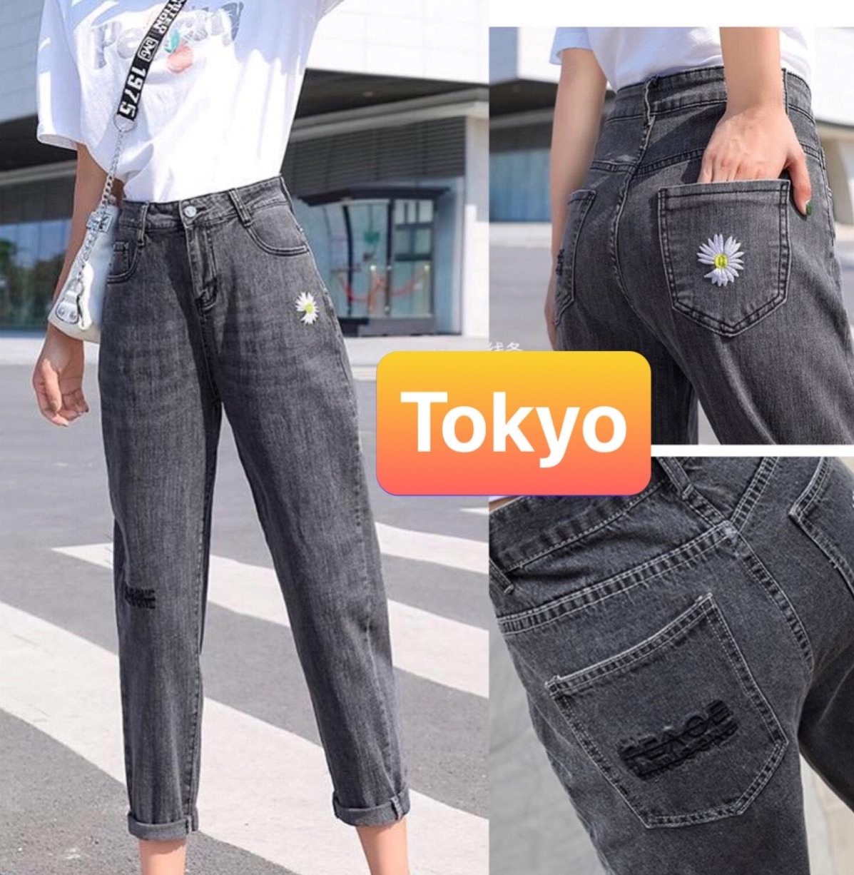 QUẦN JEAN BAGGY NỮ CHẤT BÒ XÁM HOA CÚC LƯNG CAO NÂNG MÔNG, CO GIÃN NHẸ NHẬT BẢN FUSI TK-92 CAO CẤP - TOKYO FASHION