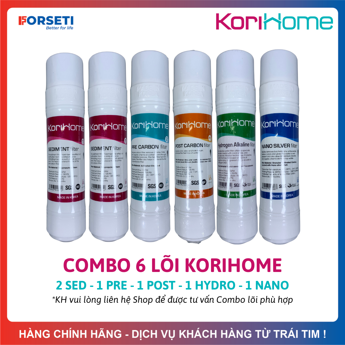 Combo 7 Lõi Lọc Korihome Hàn Quốc Gồm 2 Sediment + 1 Pre Carbon + 1 Màng RO Membrane + 1 Post Carbon + 1 Hydrogen Alkaline + 1 Nano Silver Model WPK-902