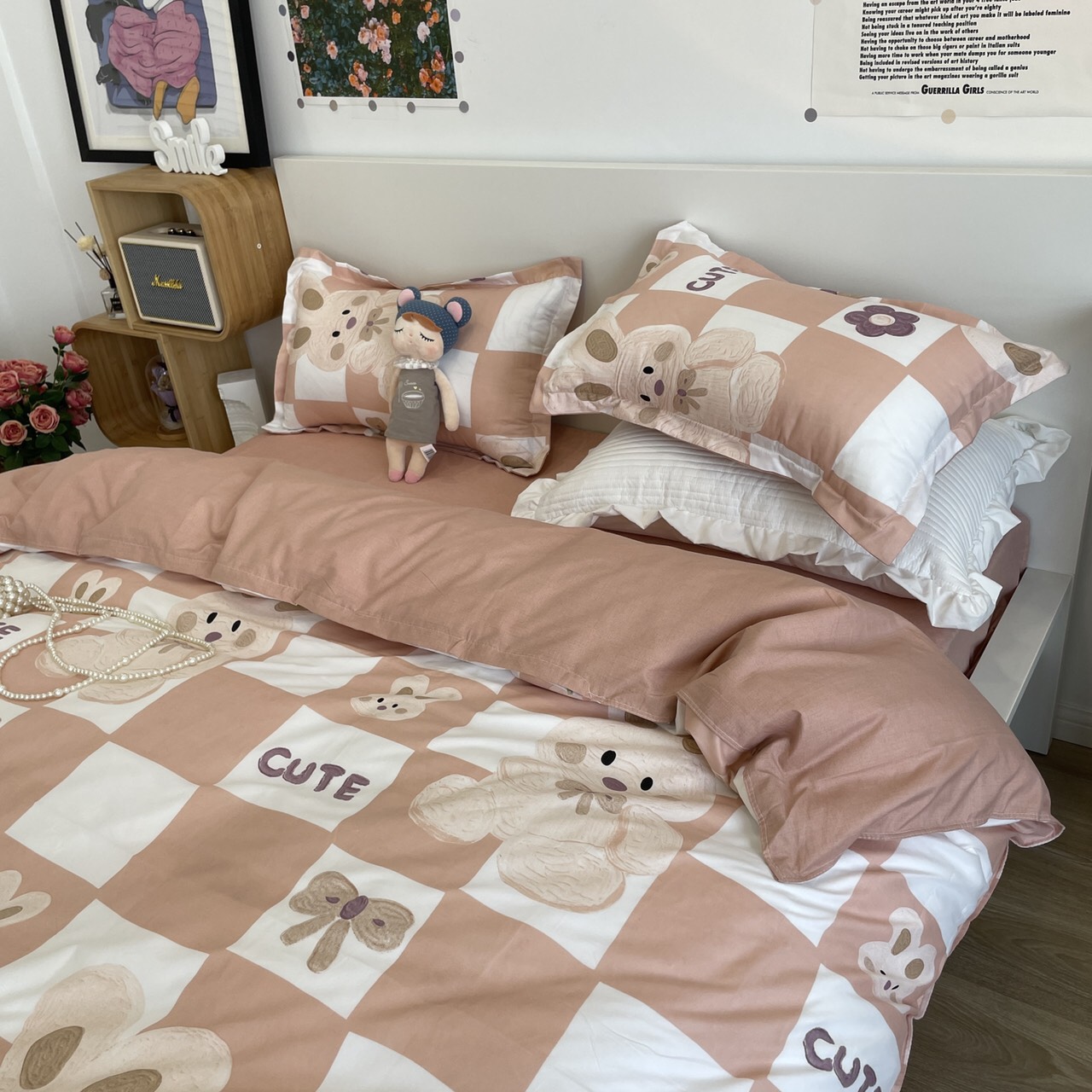 Bộ chăn ga gối cotton poly - Mẫu gấu hồng
