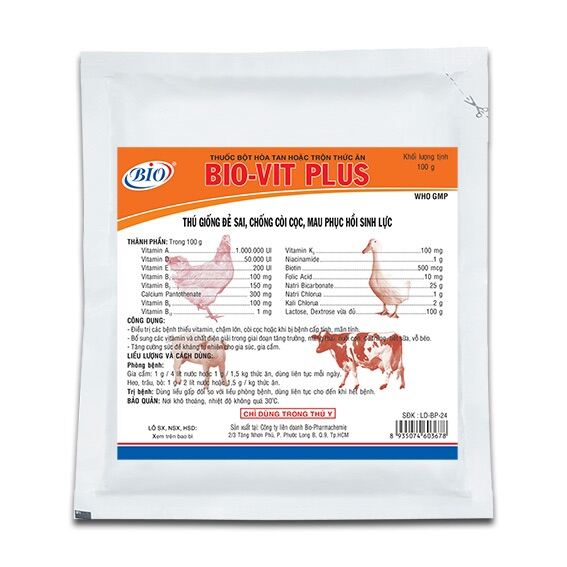 Bio-vit plus 100g bổ sung vitamin, tăng cường đề kháng -giúp đẻ sai cho vật nuôi.
