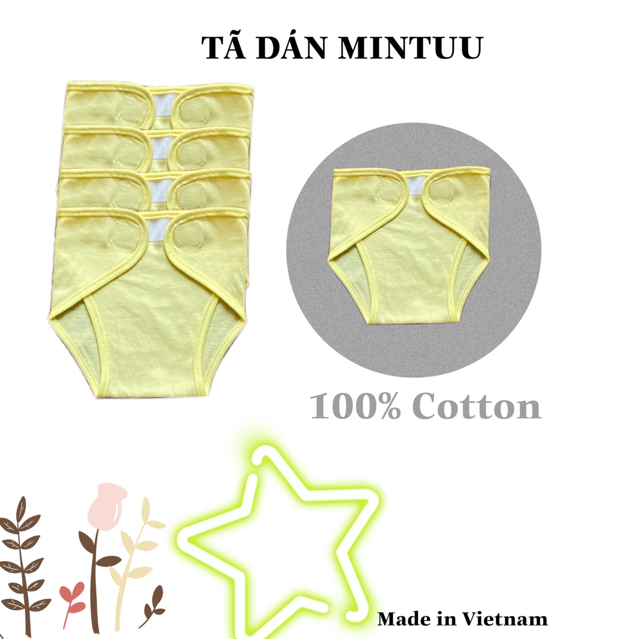 Set 5 tã dán sơ sinh màu, tã quần chất liệu vải 100% cotton, thương hiệu MINTUU - Thời trang và đồ dùng cho trẻ em - Hana’s kids