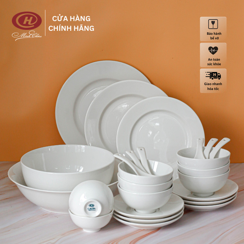 Bộ Bát Đĩa Trắng Trơn 25 Món - Sứ Minh Châu