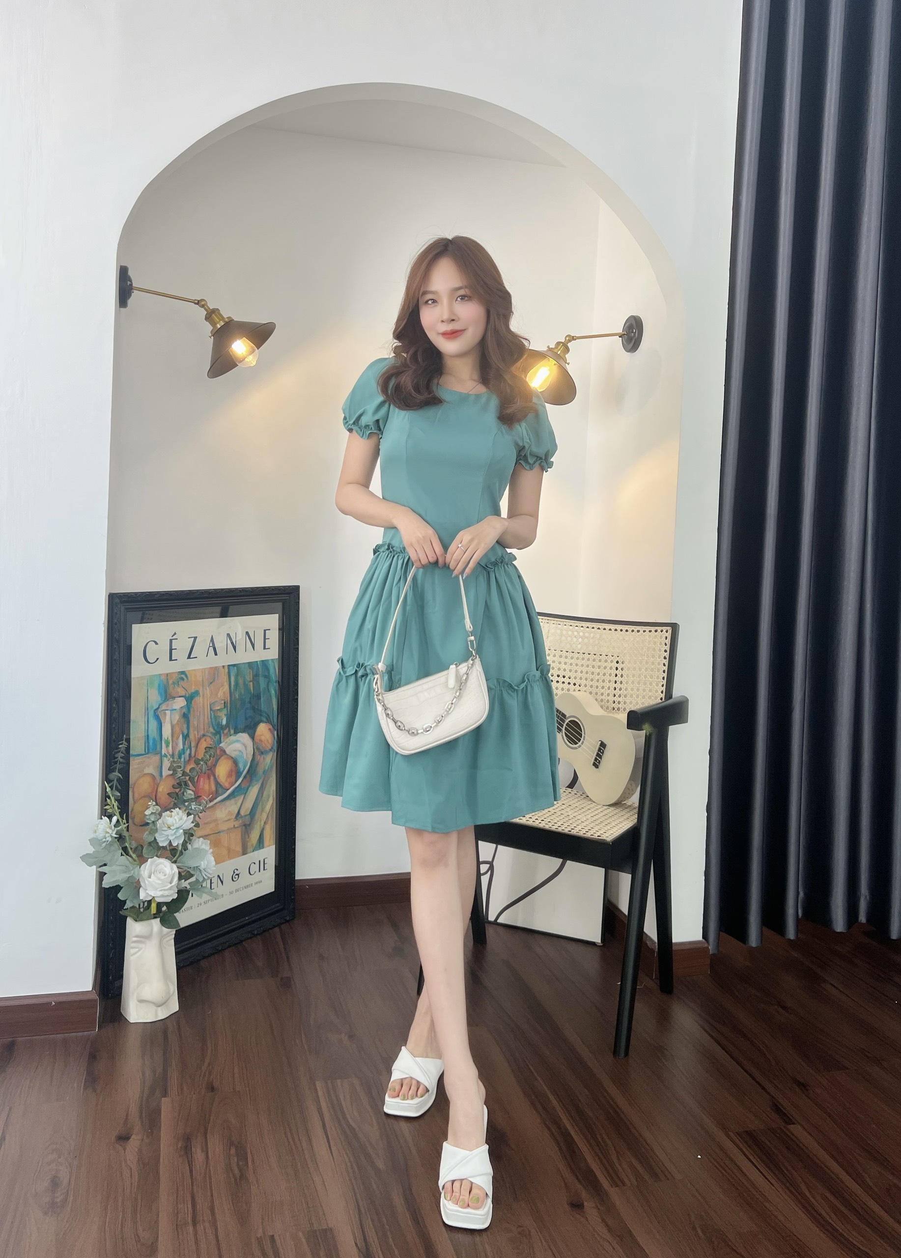 Đầm xòe phối bèo tay phồng bo thun - MS0219 (hình thật shop chụp)