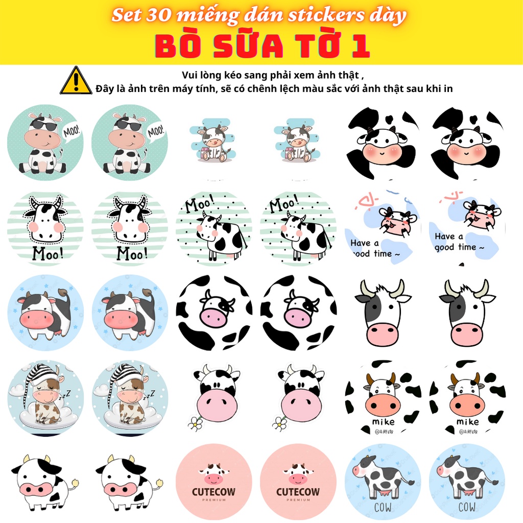30 miếng dán stickers dạng tròn – hình BÒ SỮA