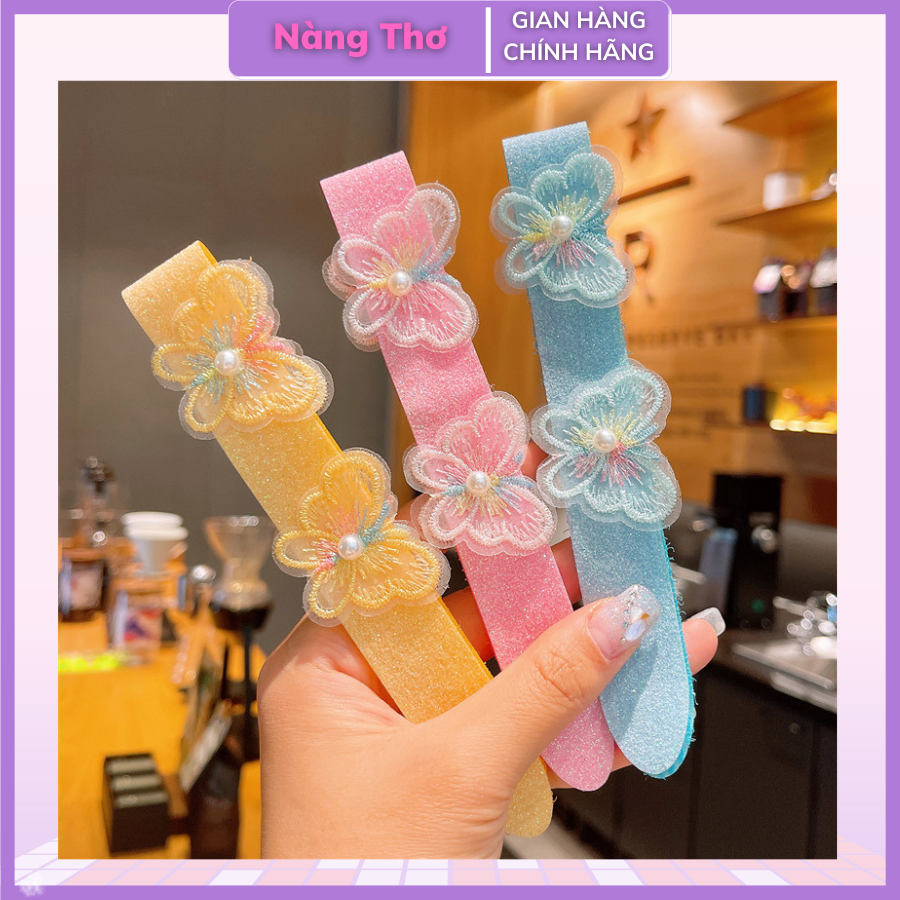 Bờm cài tóc dán dính hoa và nơ cho bé siêu đáng yêu