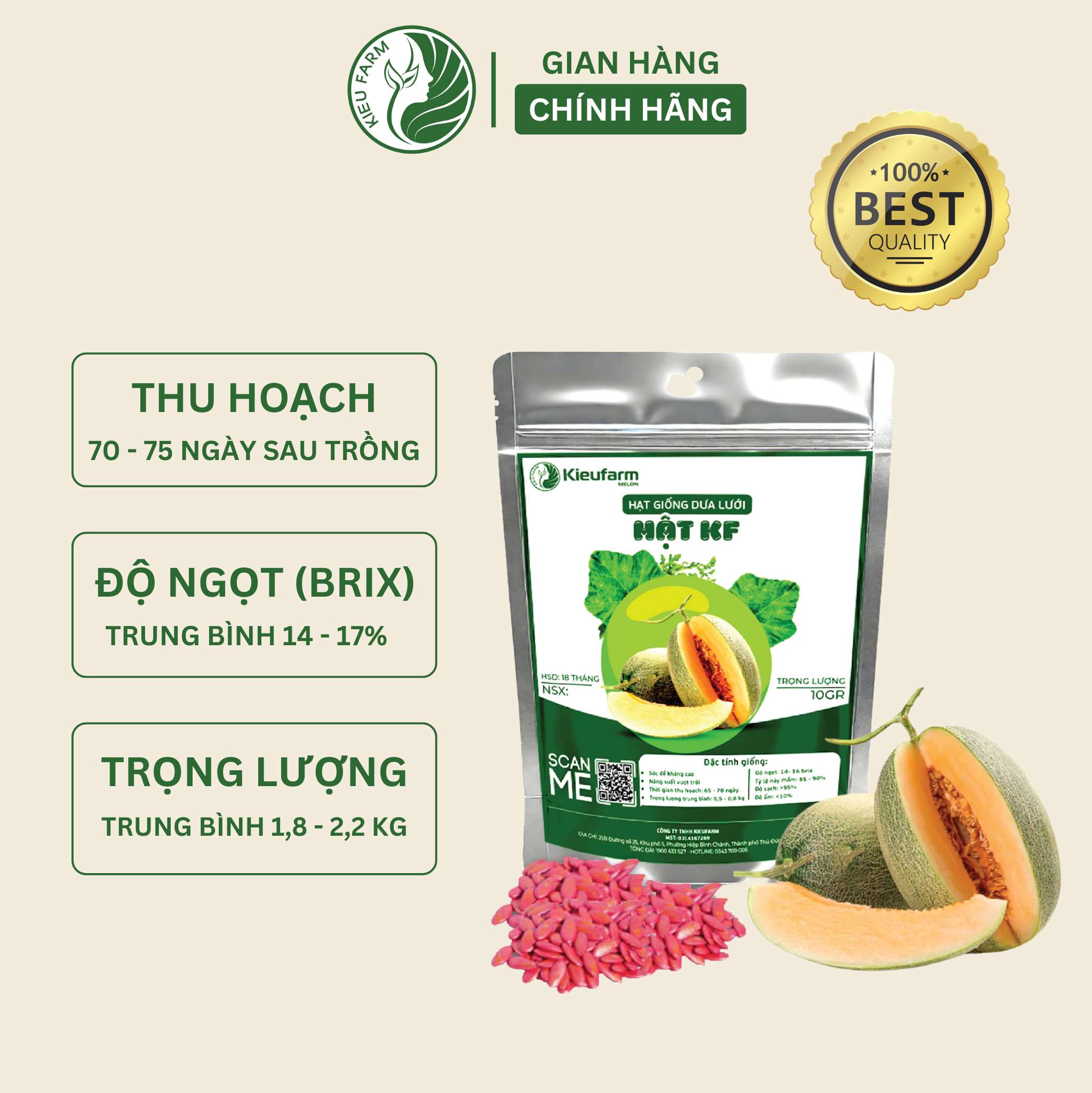 Hạt giống dưa lưới Mật KF Siêu Ngọt, Trái To_KIEUFARM_ Gói 10gram (295 - 312 hạt)