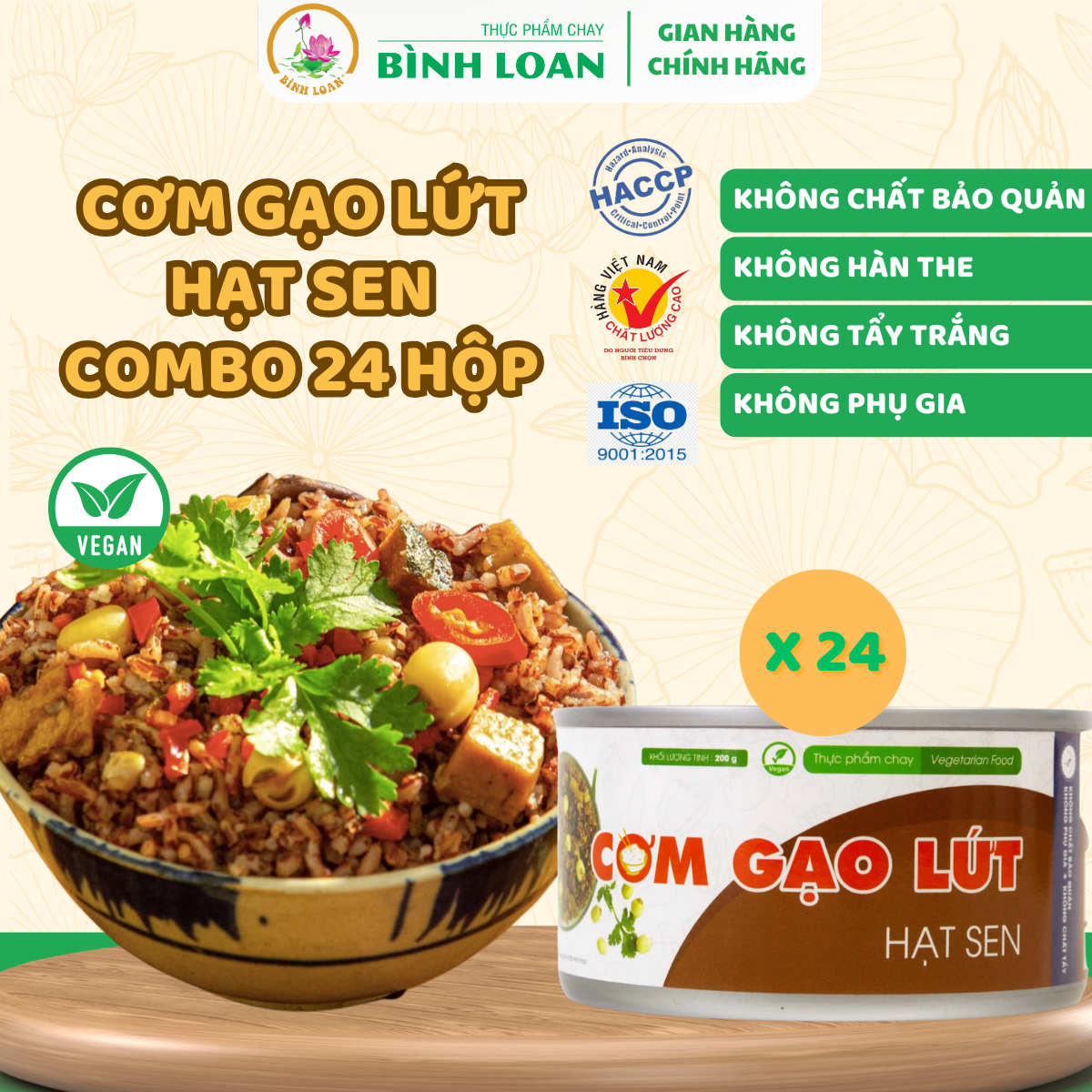 Thực Phẩm Chay Bình Loan - Combo 24 hộp Cơm Gạo Lứt Hạt Sen