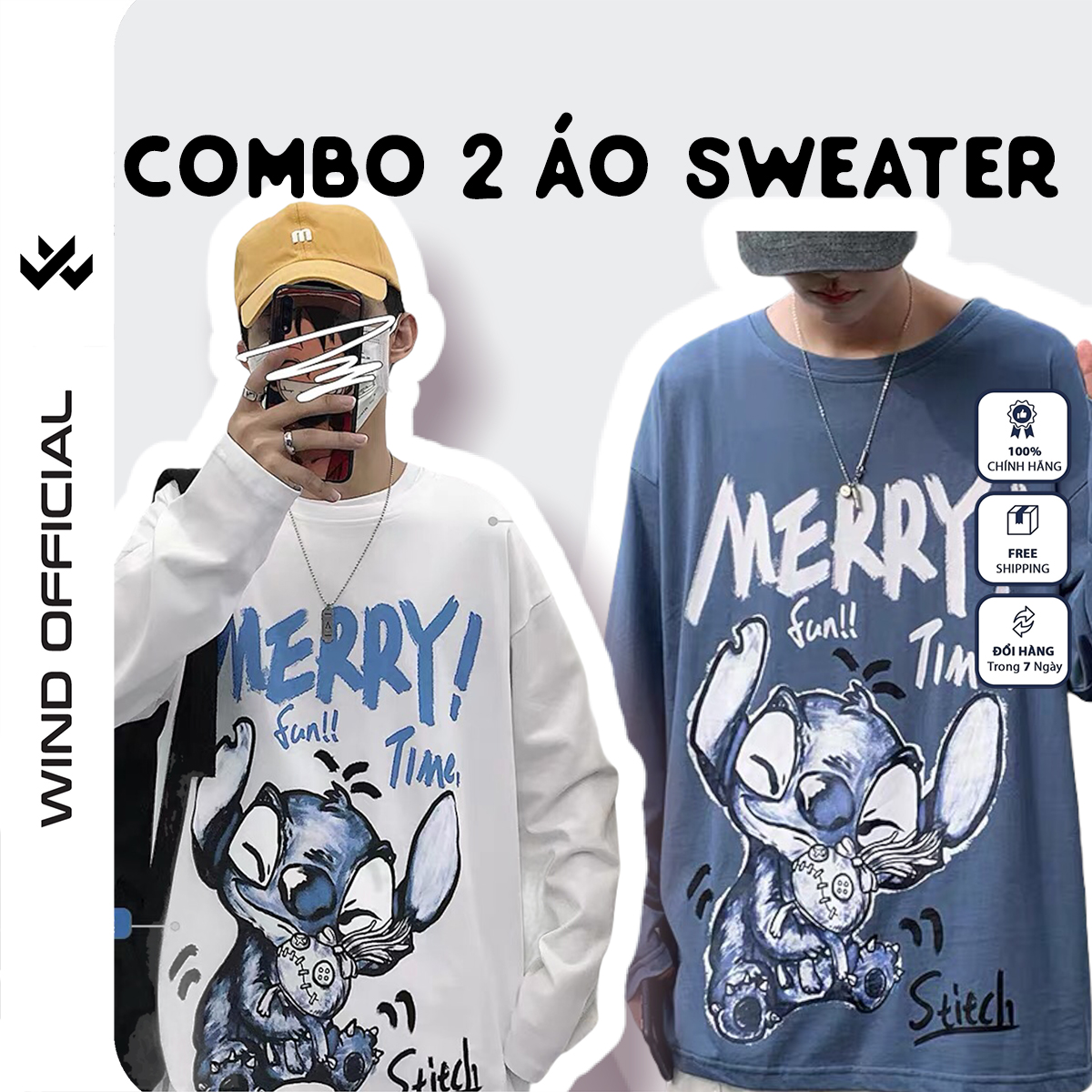 Combo 2 áo sweater nam nữ WIND form rộng tay dài Merry, thời trang nam nữ áo thun oversize ulzzang