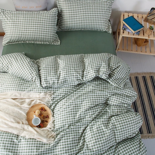 Bộ Drap & Chăn Phao Cotton Poly Kẻ Caro Xanh Lá
