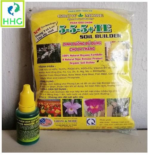 COMBO PHÂN TAN CHẬM HỮU CƠ GROWMORE 5-5-5 (36 GÓI, TỔNG TL 400G) + CHẾ PHẨM HÙNG NGUYỄN 20ML