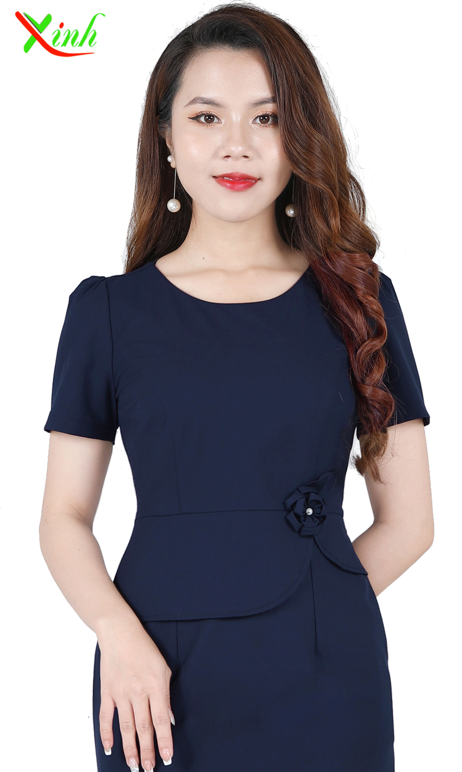 Đầm Peplum Xanh Đen Kết Hoa Thủ Công DL806