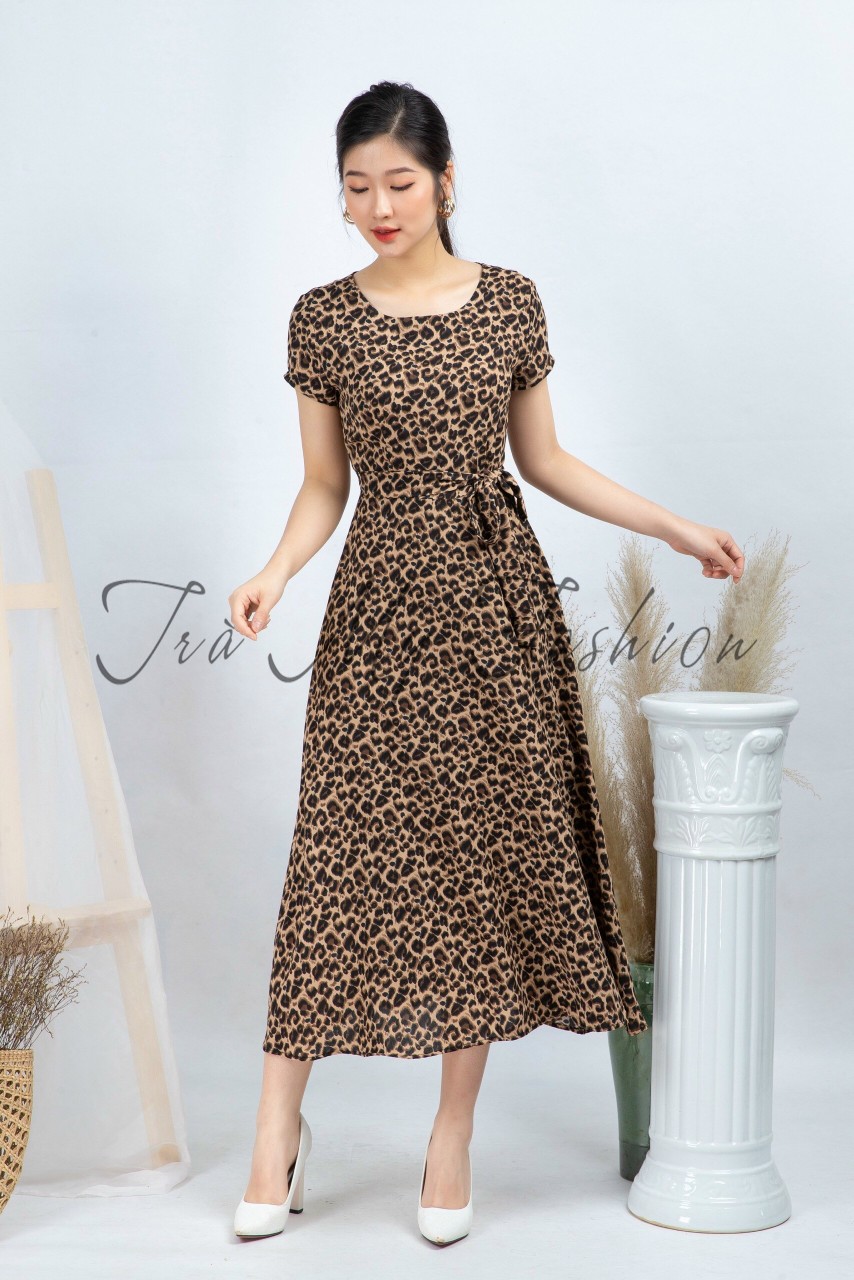 ĐẦM DÀI HỌA TIẾT DA BÁO, NƠ BUỘC NHẤN EO THANH LỊCH [HÀNG THIẾT KẾ]