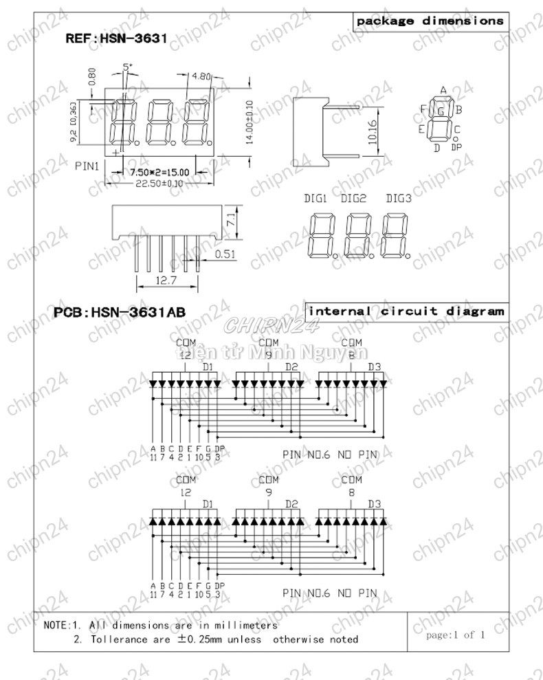[1 con] (F24) Led 7 Đoạn 0.36 inch 3 Số Dương chung (Sáng Đỏ)