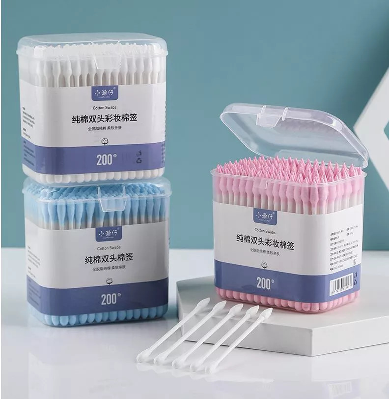 Hộp Tăm Bông 500 Que Thân Gỗ 2 Đầu Tròn Xoắn Ngoáy Tai , Nặn Mụn / Hộp 500 Bông Tăm Ngoái Tai 100% Bông Cotton Tự Nhiên An Toàn Với Môi Trường