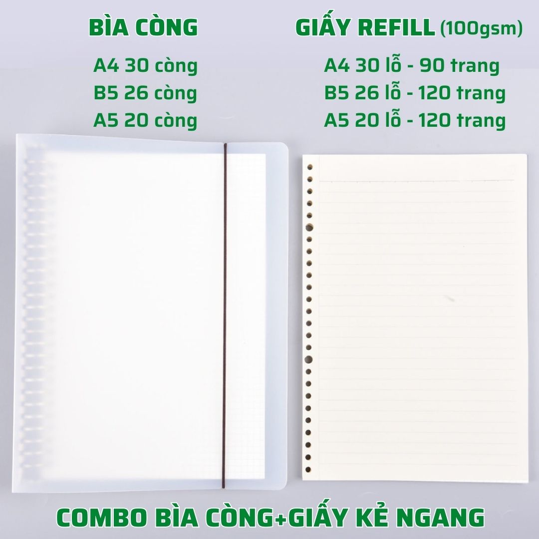 Sổ còng binder a4 b5 a5 30 26 20 còng pkbeoshop kèm ruột giấy refill làm sổ planner bullet journal