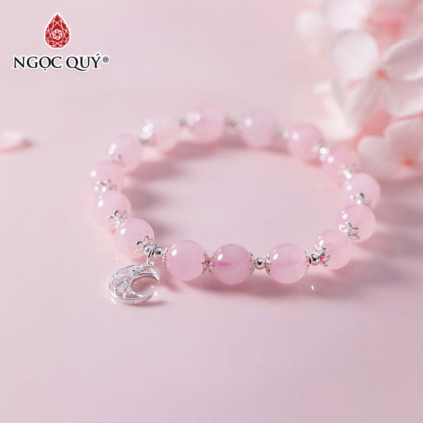 [HCM]Vòng tay đá thạch anh hồng charm mặt trăng mệnh hỏa thổ - Ngọc Quý Gemstones