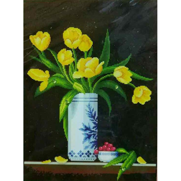 [HCM]Tranh thêu chữ thập bình hoa vàng A1068 - kích thước 46 * 59