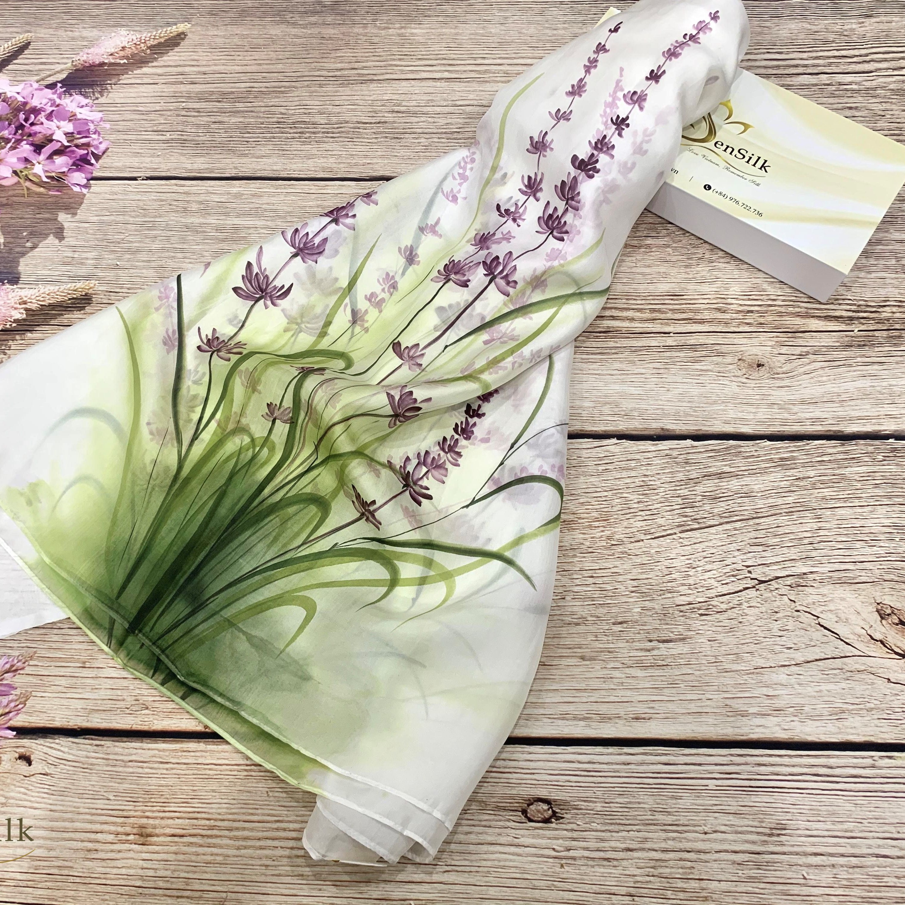 Phụ Kiện Lụa Tơ Tằm Thời Trang - Khăn Lụa Vẽ Thủ Công Lavender SenSilk 160x550cm, Khăn Lụa Dài, Lụa Vẽ Tay, Hand Painted Silk