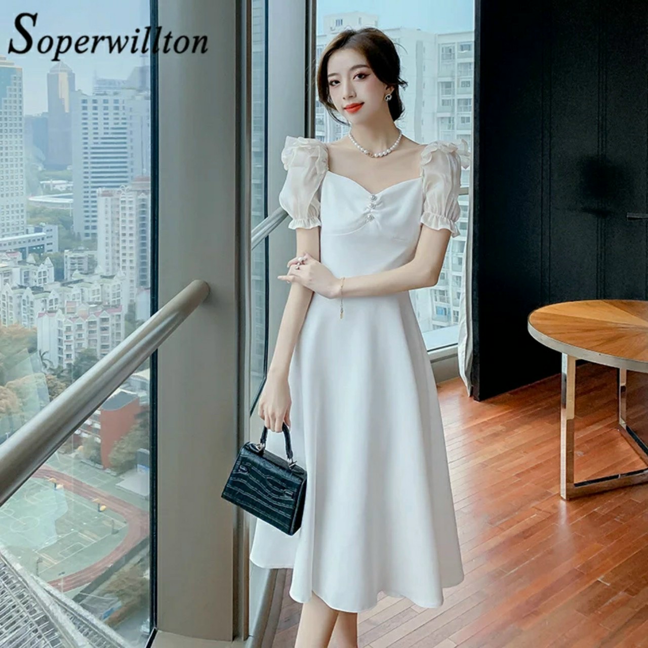 Đầm Tay Nhúm Bèo Phối Voan