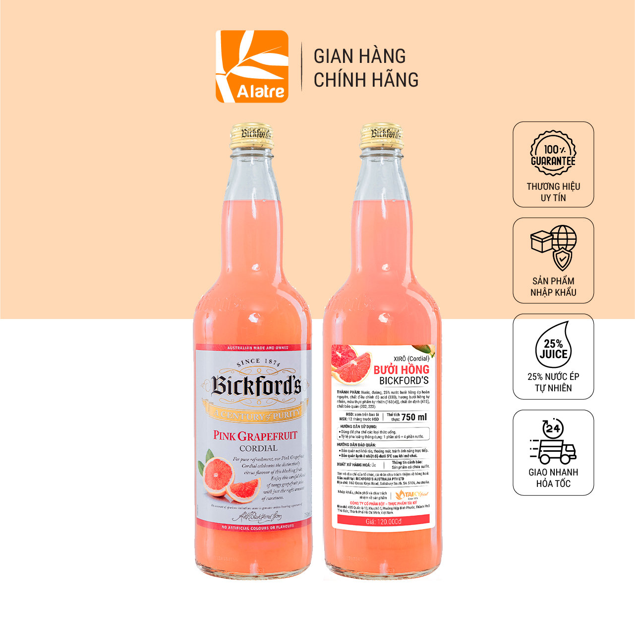 Siro bưởi hồng Bickford's chai 750ml