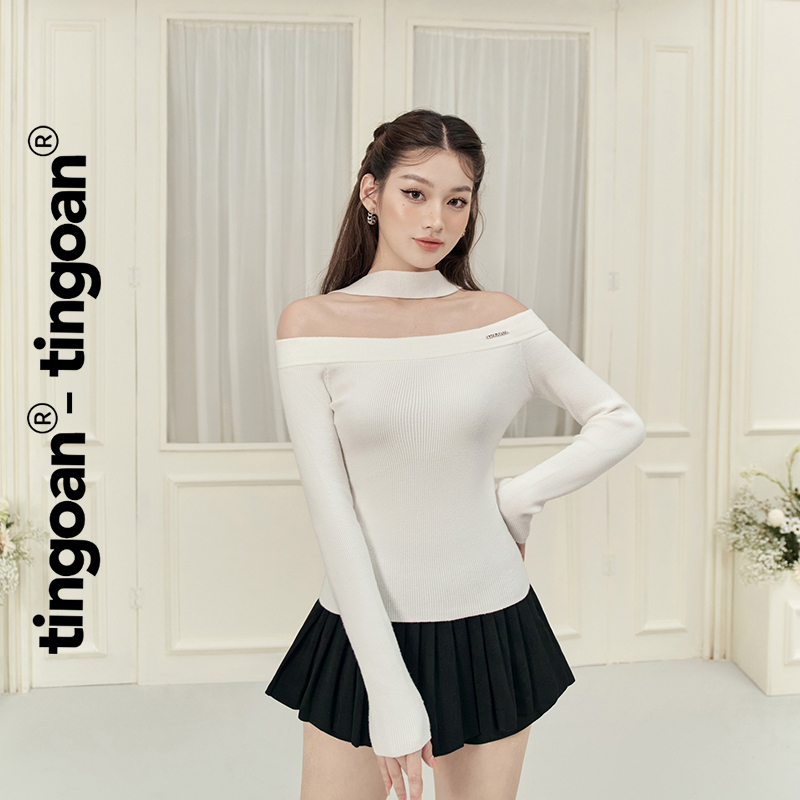 Tingoan® - áo trễ vai len trắng đính logo dây trắng chokertop/wh -- wh