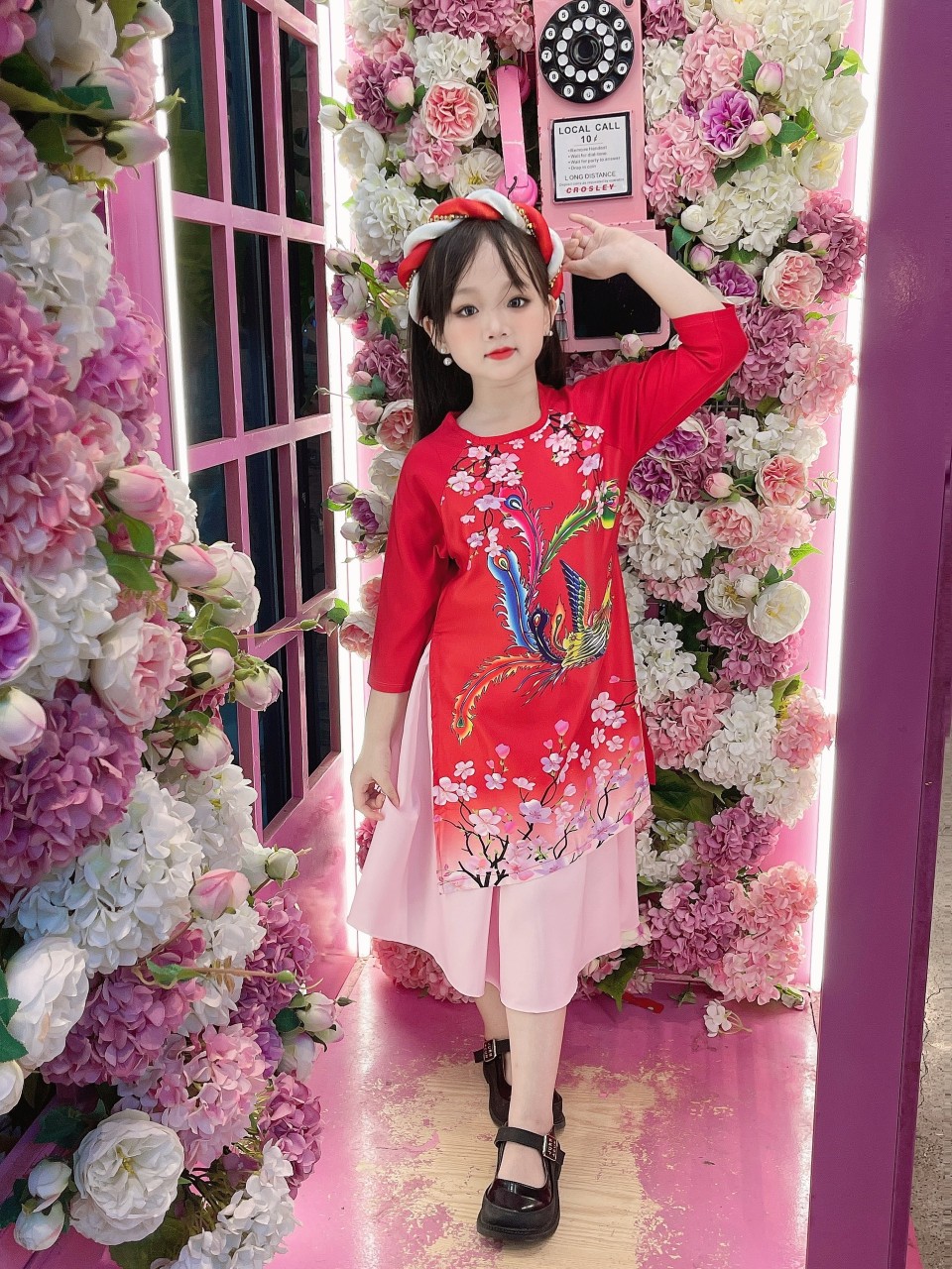Áo Dài Cách Tân Bé Gái Hình Phượng Hoàng