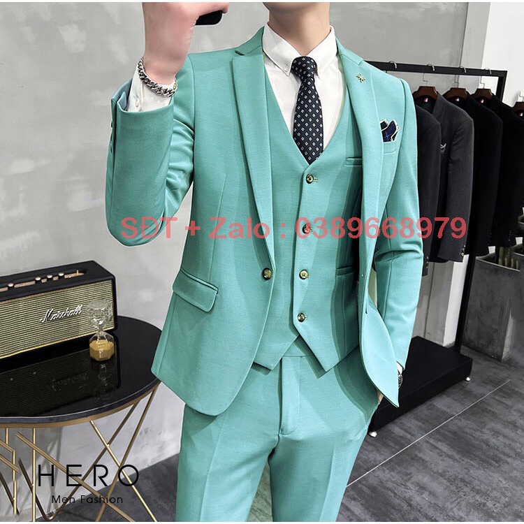 Bộ vest nam cao cấp màu xanh ruby, bộ suit nam hàn quốc vải sịn, fom đẹp