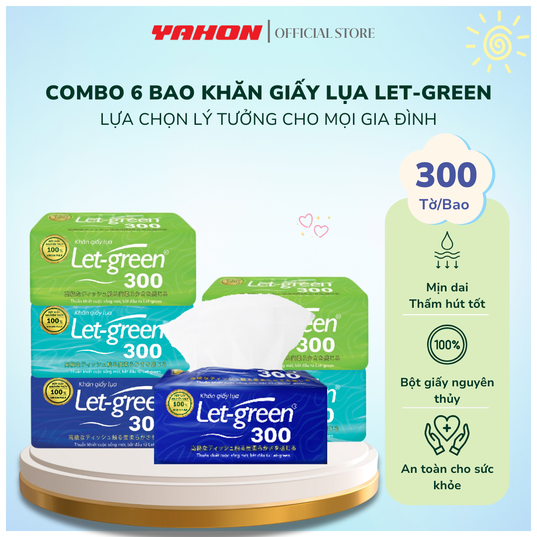 Khăn Giấy Lụa LET-GREEN 300 Tờ, 2 Lớp/Tờ | Bột Giấy Nguyên Thủy, An Toàn Tiện Lợi
