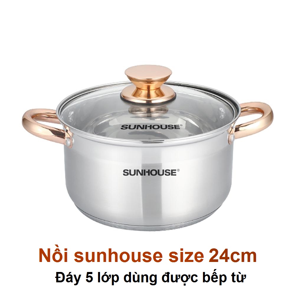 Nồi inox 5 đáy SUNHOUSE dày dặn Size 16/20cm/24cm ( chọn phân loại) sử dụng được cả trên bếp từ