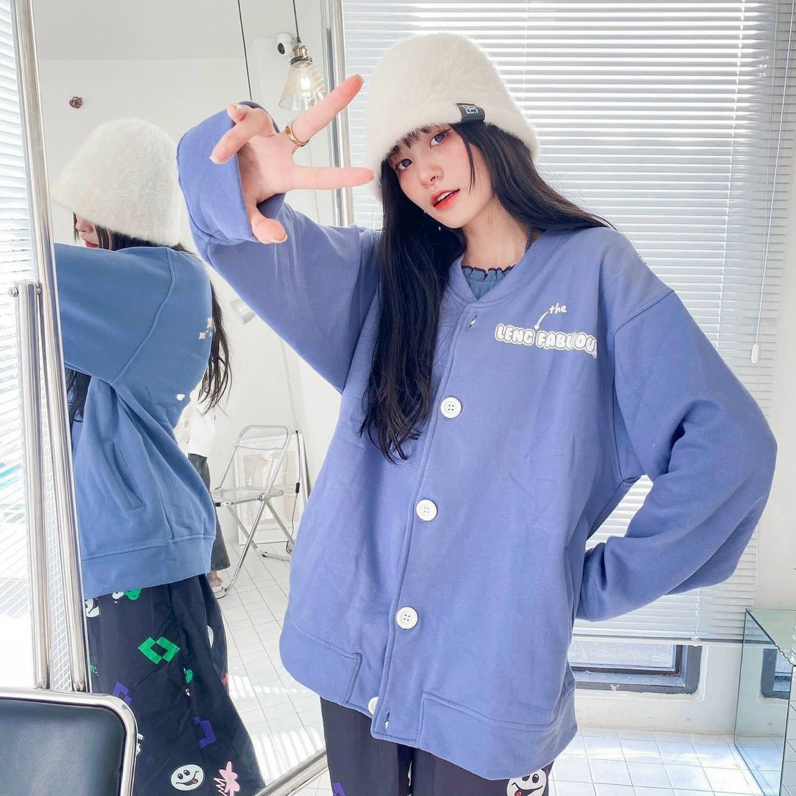 Áo khoác nỉ nữ cadigan cúc bấm phối họa tiết ở sau áo cá tính dễ thương shop thời trang_fashion