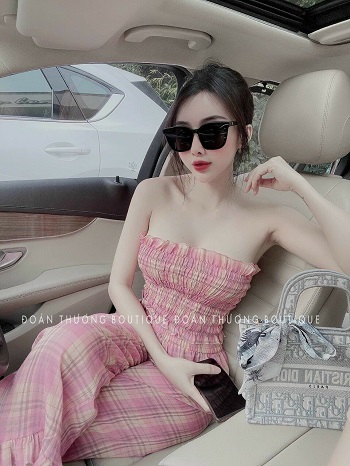 Sét bộ caro áo cúp ngực quần ống xòe hót