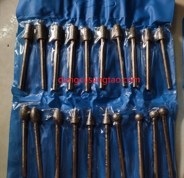 Mũi mài khắc phủ kim cương cán 3mm (bộ 20 mũi mài, điêu khắc đá, thủy tinh, gốm sứ))