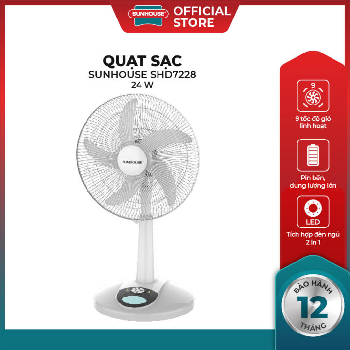 Quạt tích điện SUNHOUSE SHD7228 - Pin khỏe, 9 tốc độ gió linh hoạt - Bảo hành 12 tháng - Hình ảnh 2