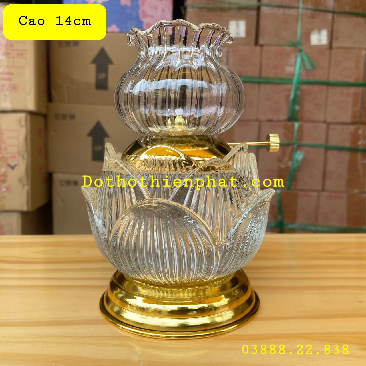 Đèn thờ pha lê đốt dầu lưu ly cát tường cao 14cm mẫu mới