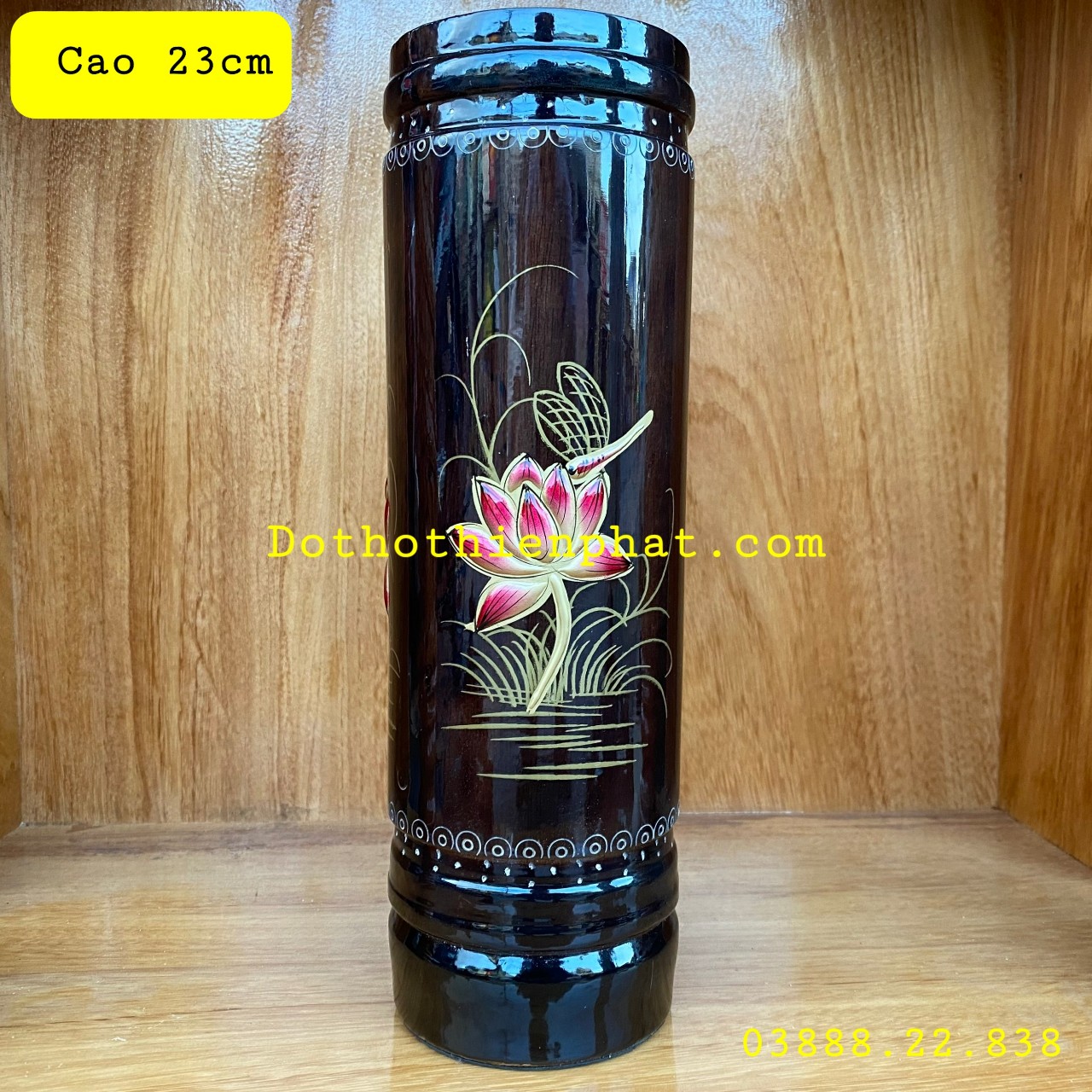 Ống nhang gỗ tràm bông vàng cẩn màu đen