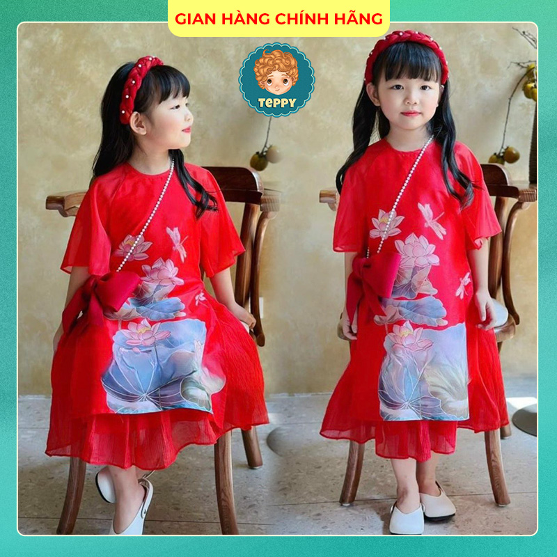 Set áo dài hoa sen cho bé gái