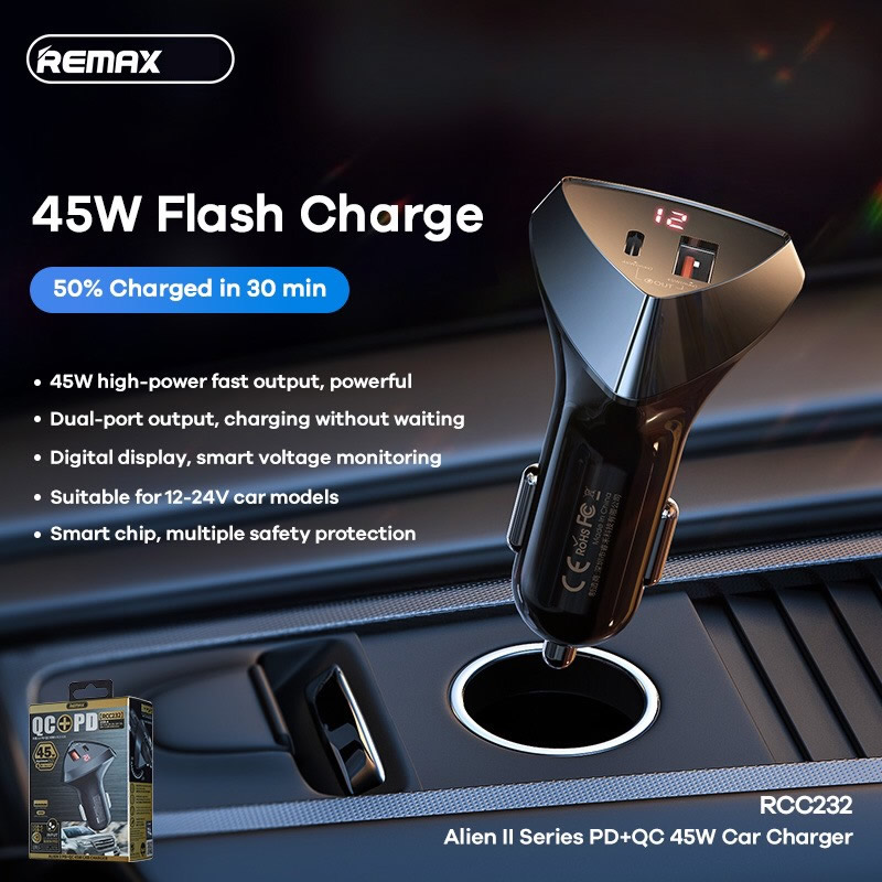 Cốc Sạc Nhanh Xe Hơi Remax RCC232 (2 Cổng Sạc - USB và Type C)